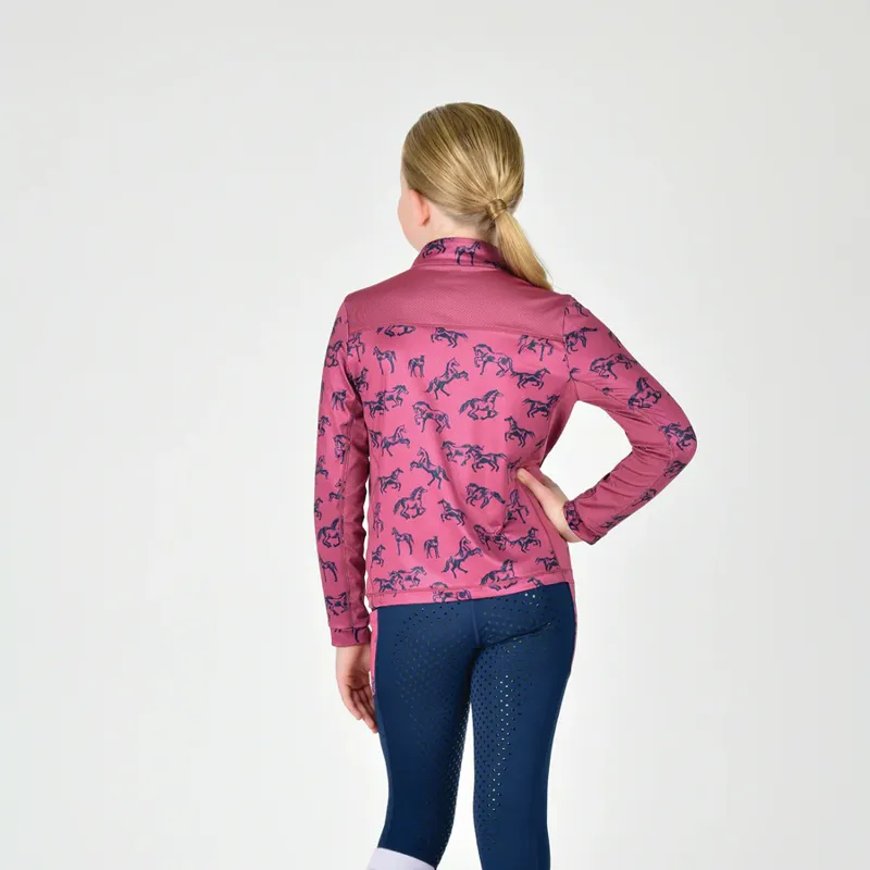 Dublin Children's Autumn Sally Long Sleeve Riding Top - Red Violet Frolicking Horses-2