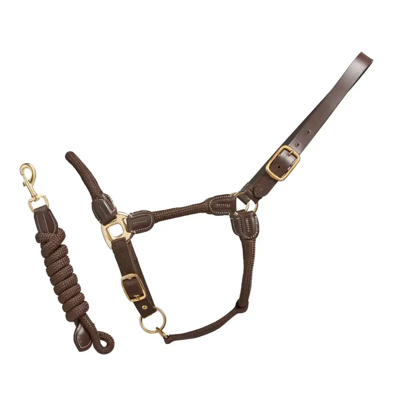 Cameo Rope Leather Headcollar with Leadrope - Chocolate Brown