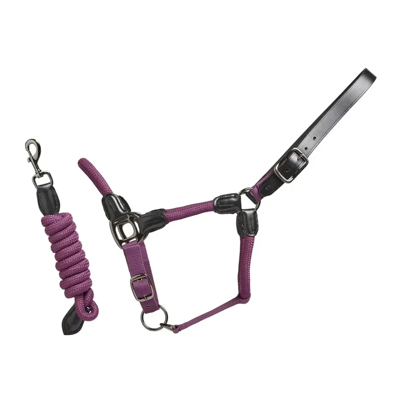 Cameo Rope Leather Headcollar with Leadrope - Deep Purple
