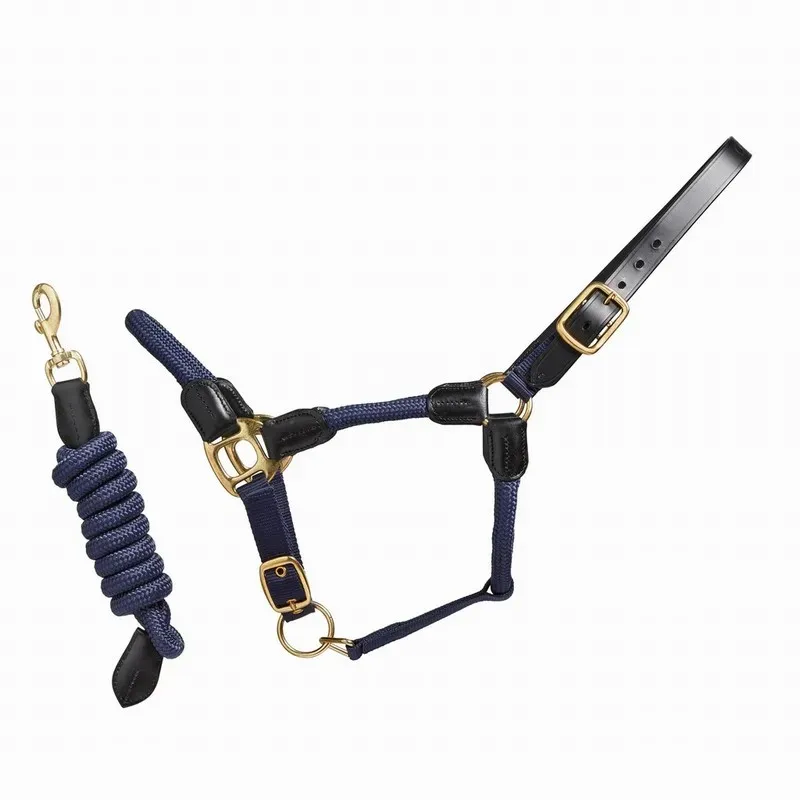 Cameo Rope Leather Headcollar and Rope - Navy