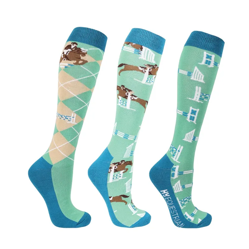 Hy Equestrian Show Jumping Socks - Pack of 3 - Emerald/Blue/Beige