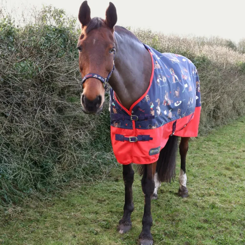 StormX Original 0g Turnout Rug - Thelwell Collection Practice Makes Perfect - Navy/Red-1