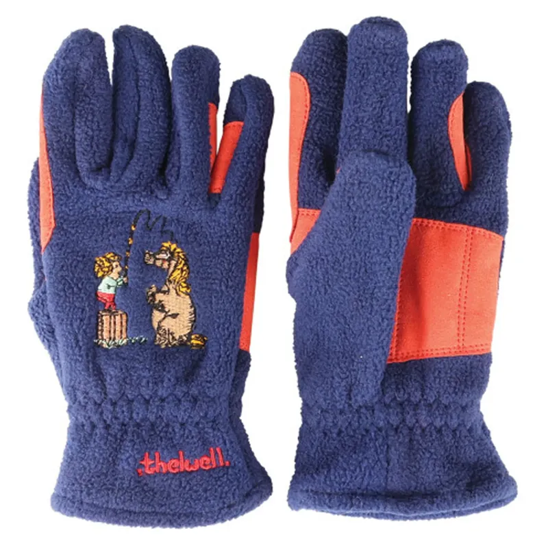 Hy Equestrian Thelwell Collection Practice Makes Perfect Children's Fleece Riding Gloves - Navy/Red