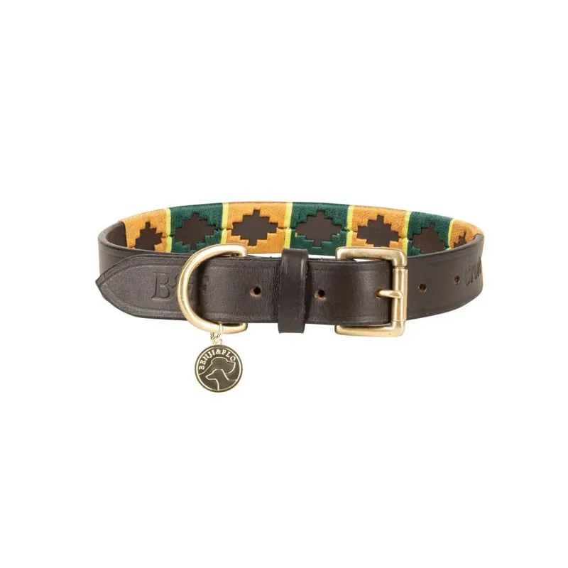 Benji and Flo Sublime Polo Leather Dog Collar - Green/Gold