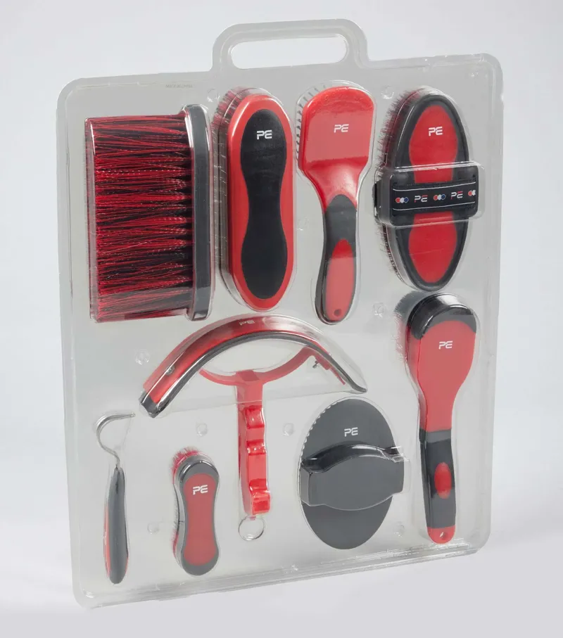 Premier Equine Soft-Touch Grooming 9 Pieces Kit Set - Black/Red-1