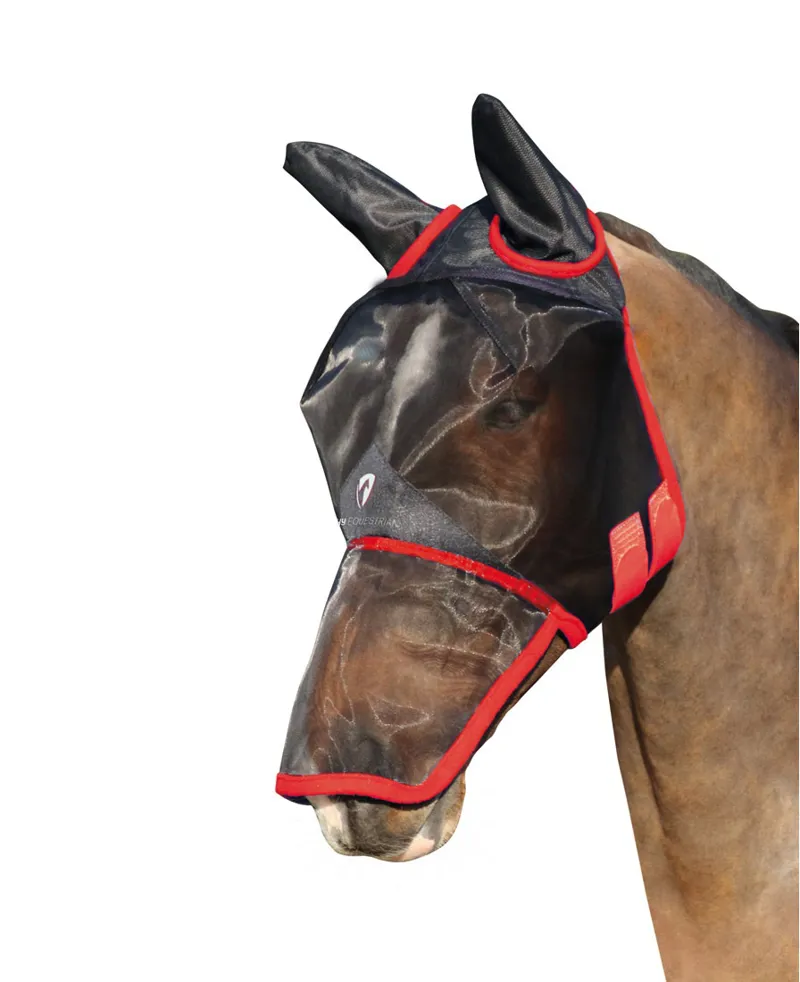 Hy Equestrian Mesh Full Mask with Ears and Nose - Black/Red