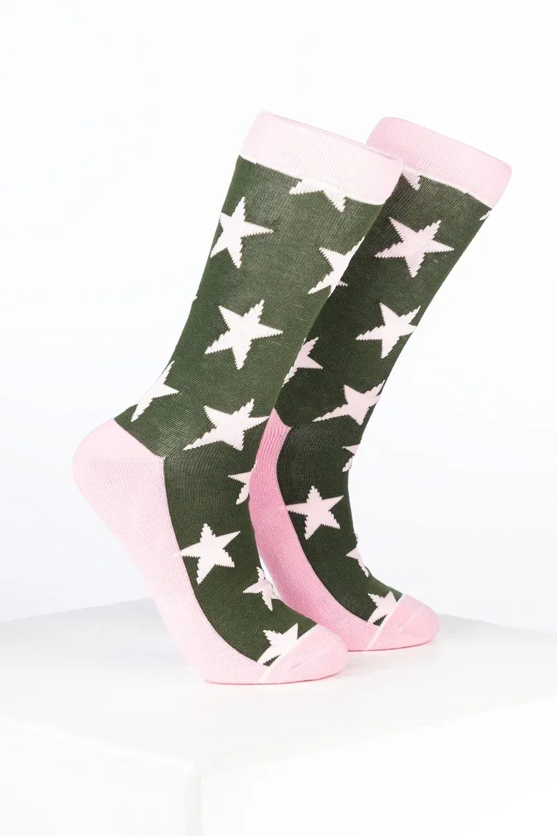 Rydale Womens Bamboo Rich Star Ankle Socks Pack of Ten - Star Dark Olive/Soft Pink