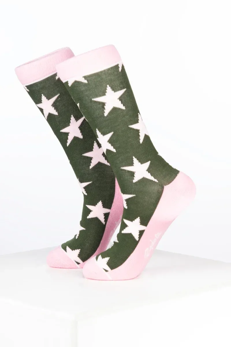 Rydale Womens Bamboo Rich Star Ankle Socks Pack of Ten - Star Dark Olive/Soft Pink-1