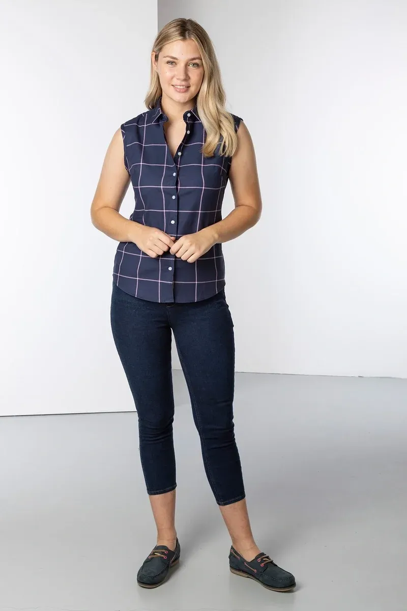 Rydale Ladies Laura Tweed Hannah Sleeveless Country Shirt - Laura Navy-5
