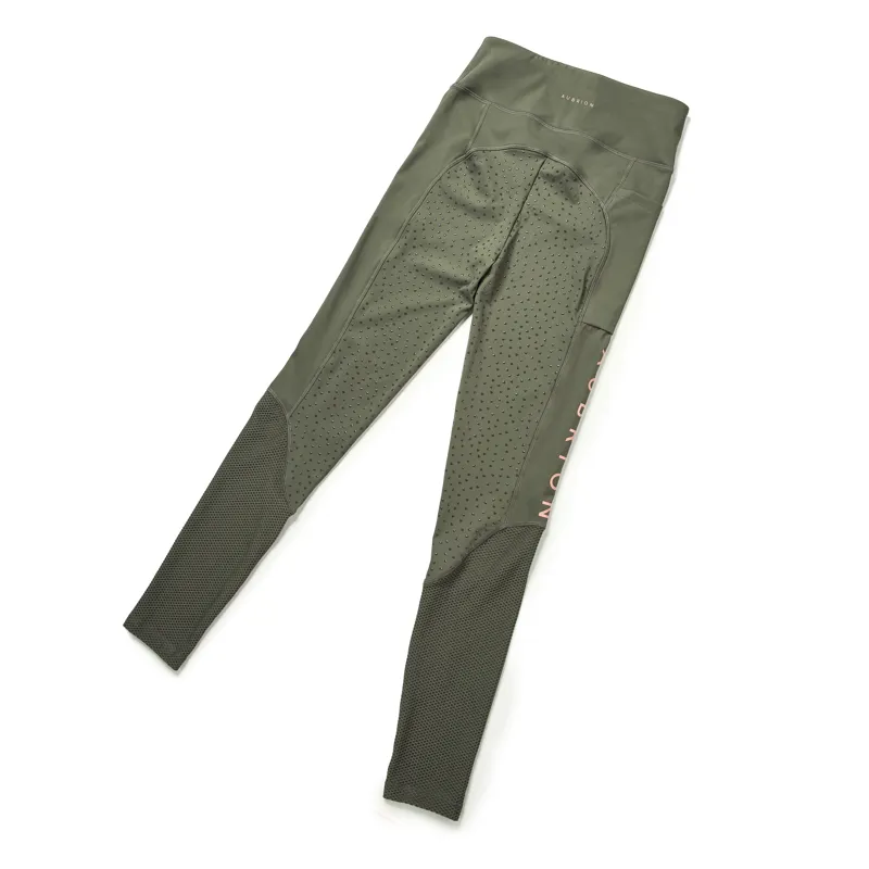 Shires Aubrion Young Rider Rhythm Mesh Riding Tights - Olive-1