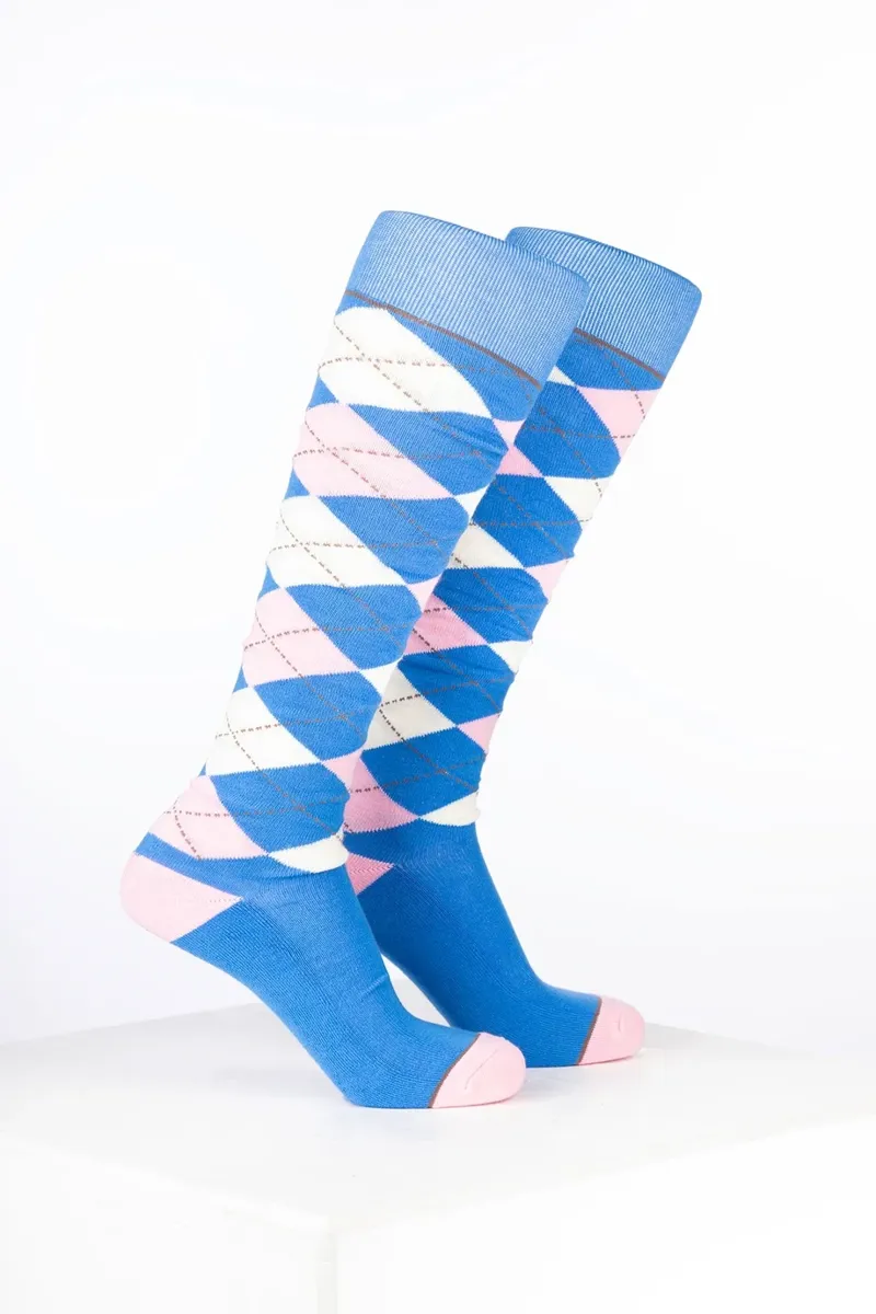 Rydale Womens Bamboo Rich Argyle Riding Socks Pack of Ten - Argyle Cobalt/Soft Pink/Cream