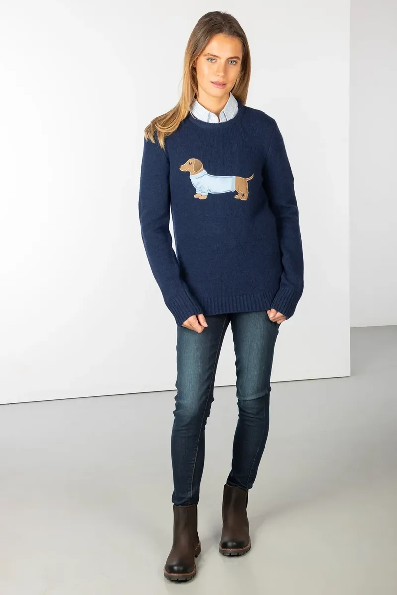 Rydale Ladies Crew Neck Character Knit Jumper - Waffle The Dachshund-1
