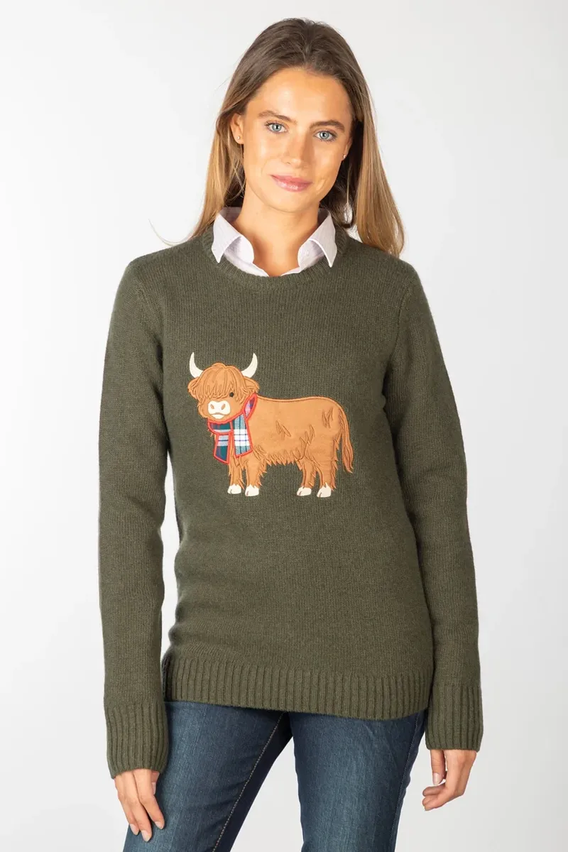 Rydale Ladies Crew Neck Character Knit Jumper - Hazel The Highland Cow