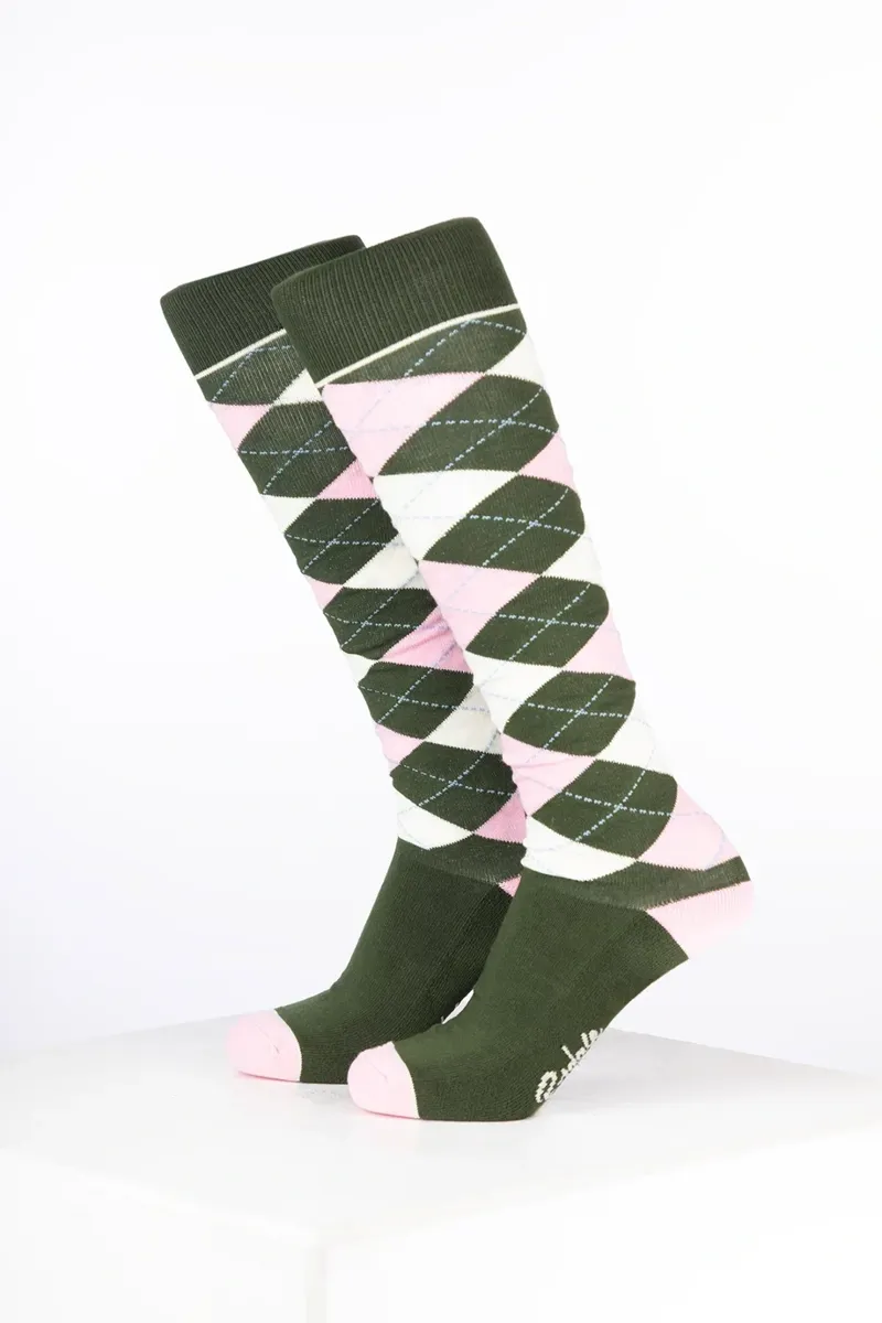 Rydale Womens Bamboo Rich Argyle Riding Socks Pack of Ten - Argyle Dark Olive/Soft Pink/Cream-1