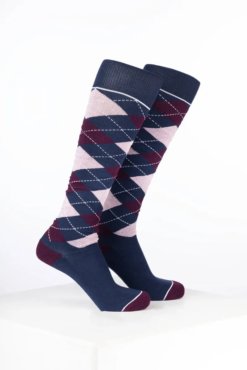 Rydale Womens Bamboo Rich Argyle Riding Socks Pack of Ten - Argyle Navy/Dark Berry/Soft Pink