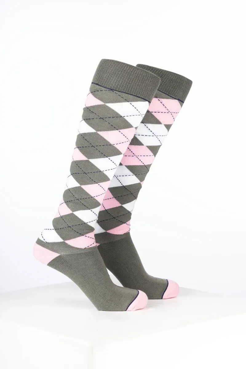 Rydale Womens Bamboo Rich Argyle Riding Socks Pack of Ten - Argyle Thyme/Soft Pink/White