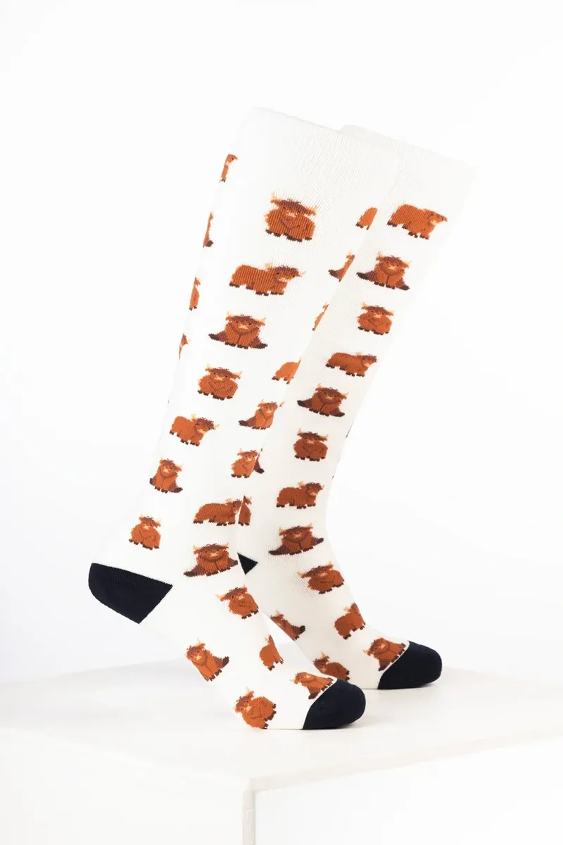 Rydale Women's Cow Welly Socks Pack of 10 - Highland Cow Cream