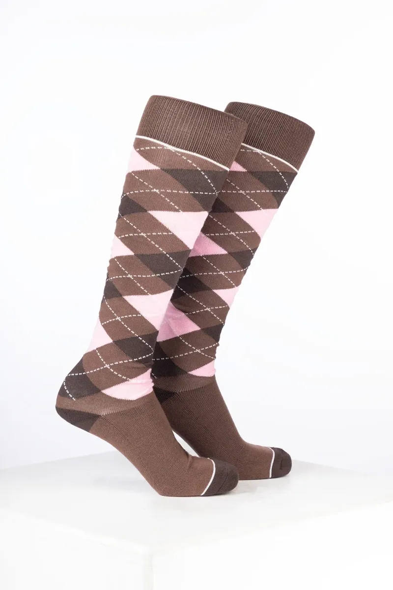 Rydale Womens Bamboo Rich Argyle Riding Socks Pack of Ten - Argyle Mocha/Soft Pink/Brown