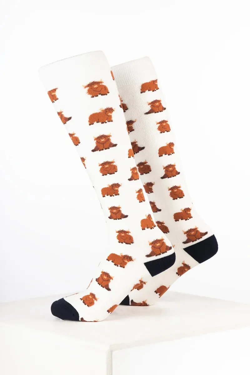 Rydale Women's Cow Welly Socks Pack of 10 - Highland Cow Cream-1