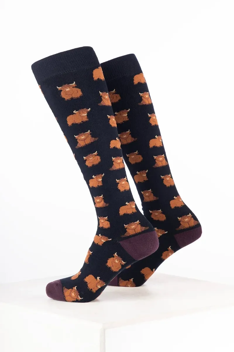 Rydale Women's Cow Welly Socks Pack of 10 - Highland Cow Navy-1