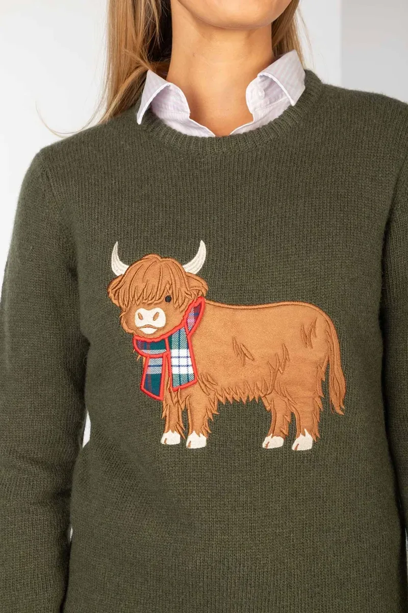 Rydale Ladies Crew Neck Character Knit Jumper - Hazel The Highland Cow-3