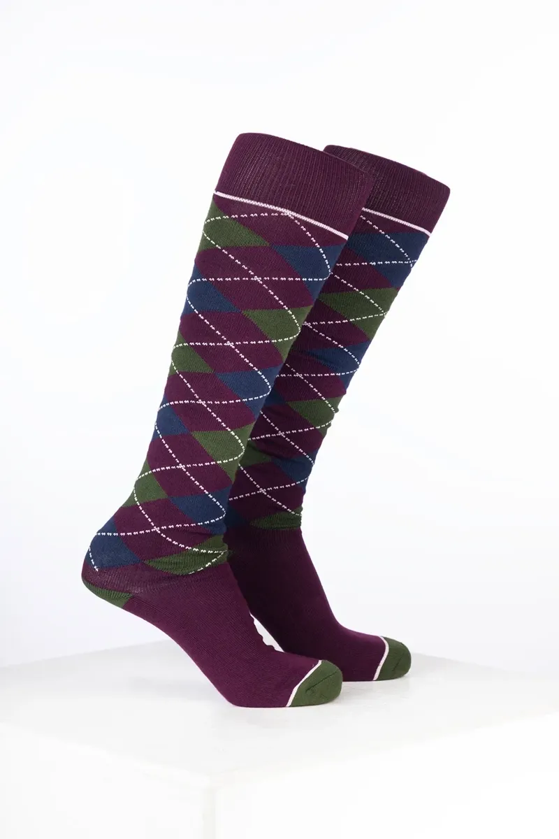 Rydale Womens Bamboo Rich Argyle Riding Socks Pack of Ten - Argyle Dark Berry/Navy/Dark Olive