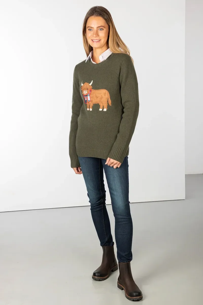 Rydale Ladies Crew Neck Character Knit Jumper - Hazel The Highland Cow-1