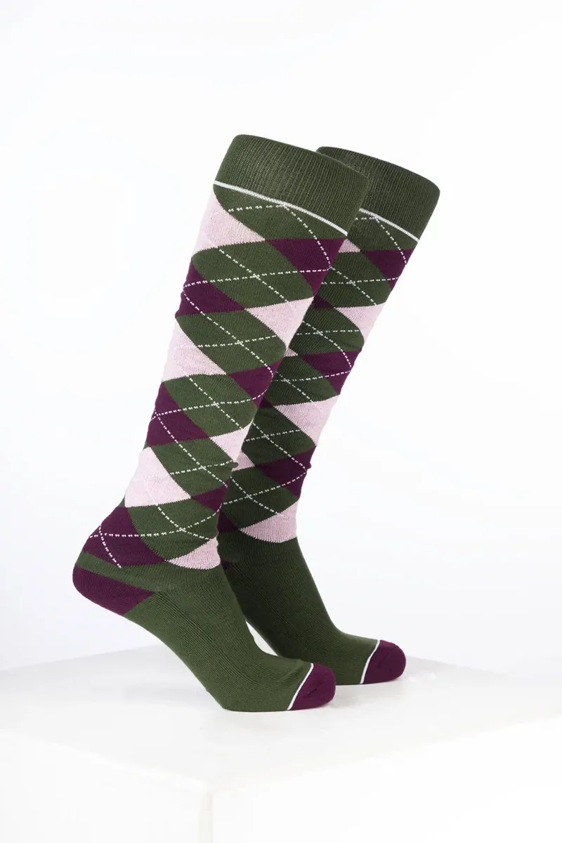 Rydale Womens Bamboo Rich Argyle Riding Socks Pack of Ten - Argyle Dark Olive/Dark Berry/Soft Pink