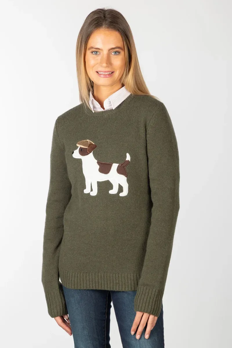 Rydale Ladies Crew Neck Character Knit Jumper - Patch The Jack Russel