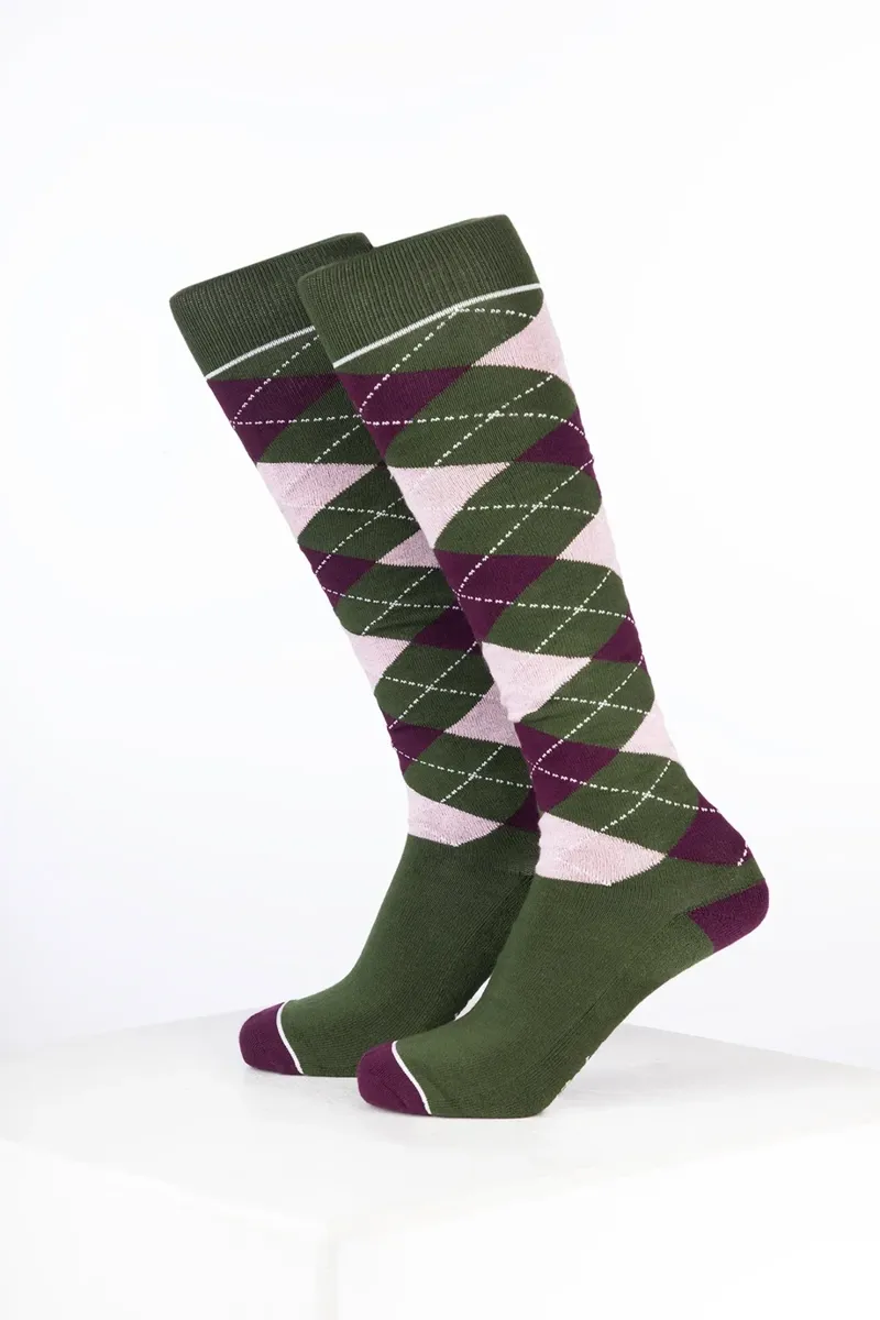 Rydale Womens Bamboo Rich Argyle Riding Socks Pack of Ten - Argyle Dark Olive/Dark Berry/Soft Pink-1