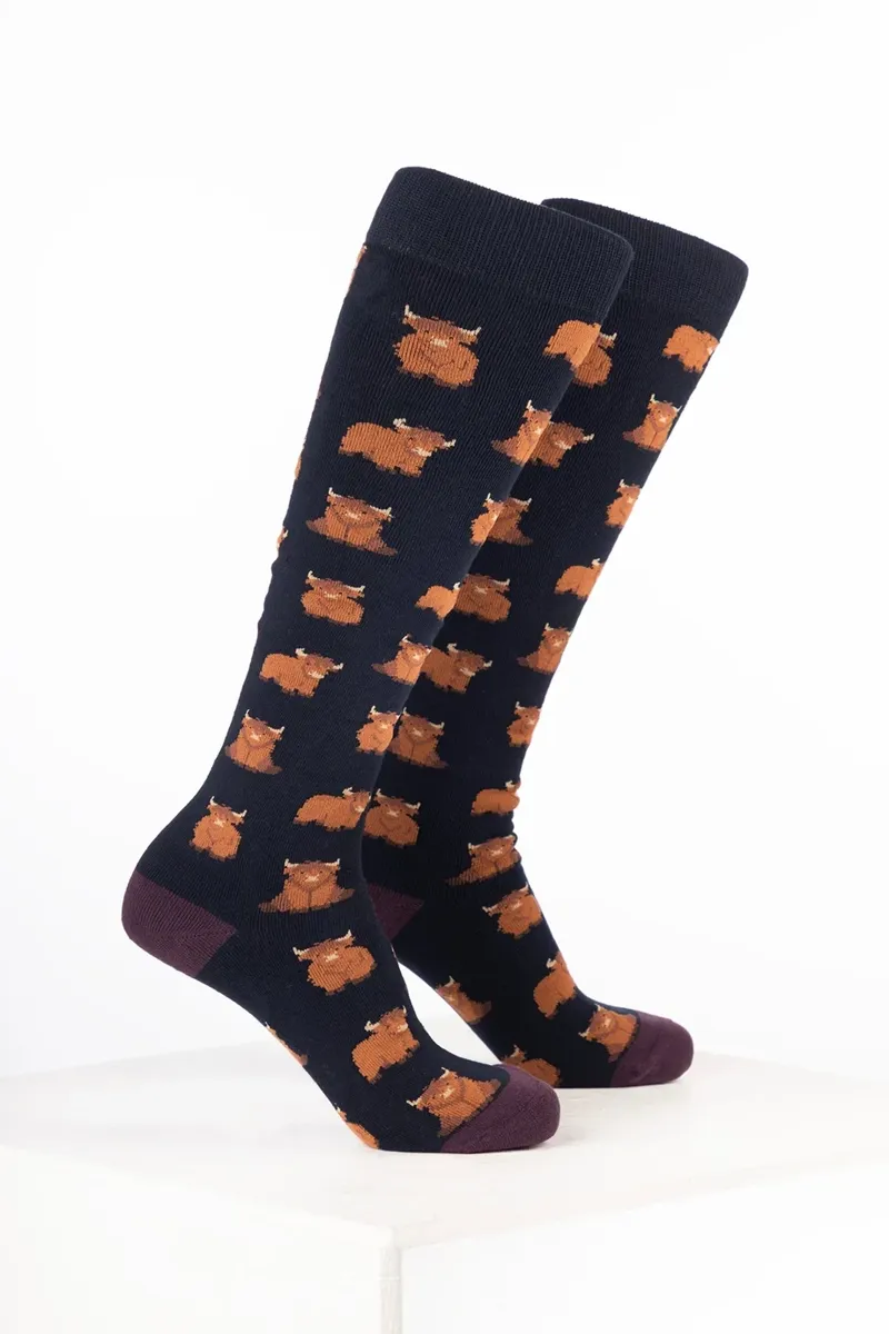 Rydale Women's Cow Welly Socks Pack of 10 - Highland Cow Navy