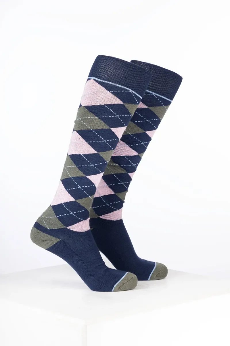 Rydale Womens Bamboo Rich Argyle Riding Socks Pack of Ten - Argyle Navy/Soft Pink/Thyme