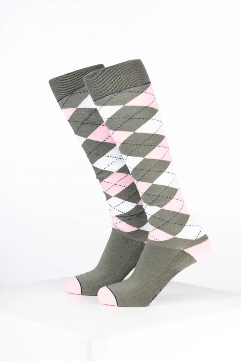 Rydale Womens Bamboo Rich Argyle Riding Socks Pack of Ten - Argyle Thyme/Soft Pink/White-1