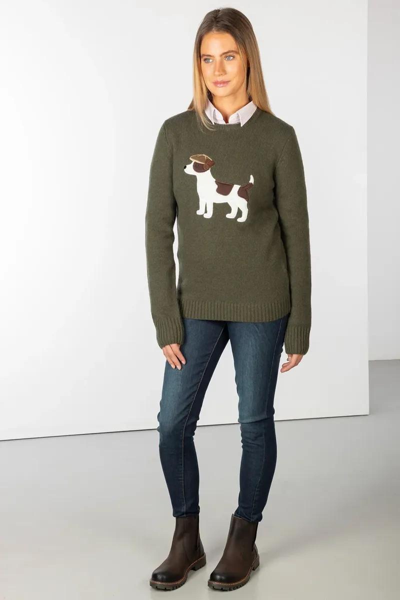 Rydale Ladies Crew Neck Character Knit Jumper - Patch The Jack Russel-1