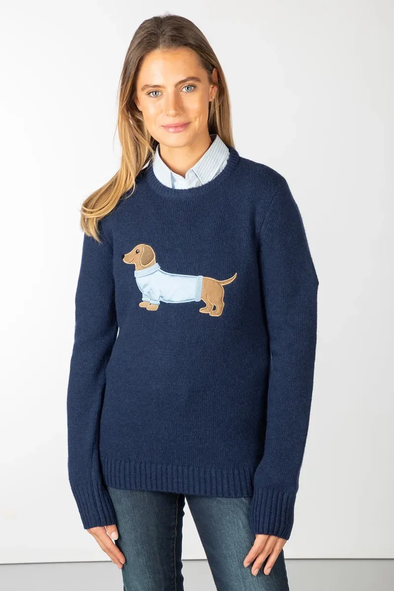 Rydale Ladies Crew Neck Character Knit Jumper - Waffle The Dachshund