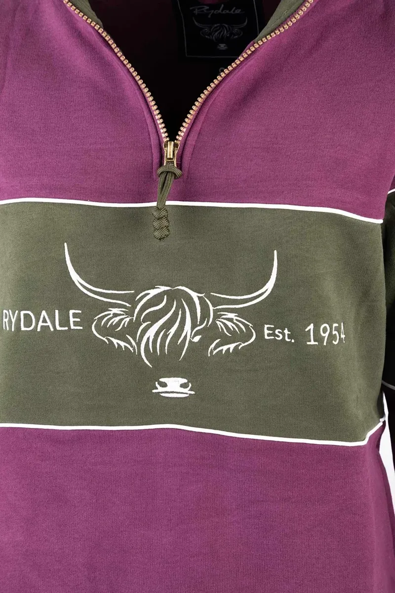 Rydale Ladies Byland Highland Cow Sweatshirt - Berry/Olive/Berry-2