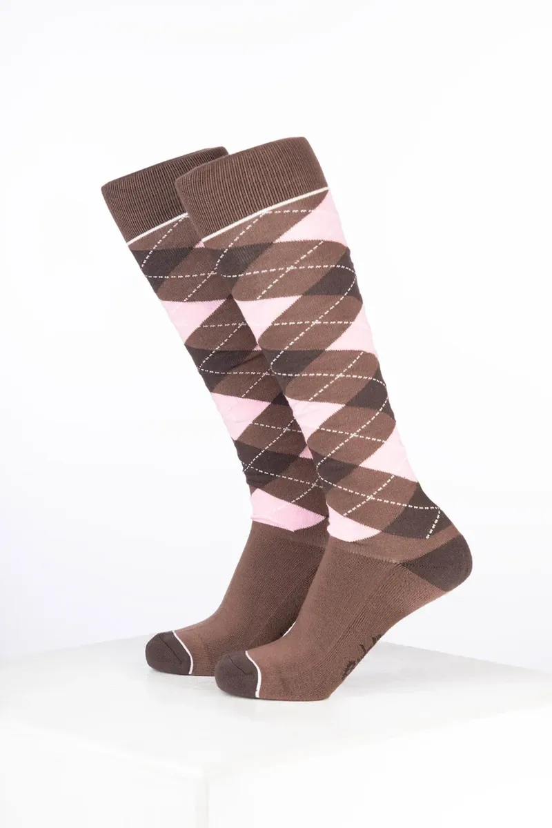 Rydale Womens Bamboo Rich Argyle Riding Socks Pack of Ten - Argyle Mocha/Soft Pink/Brown-1