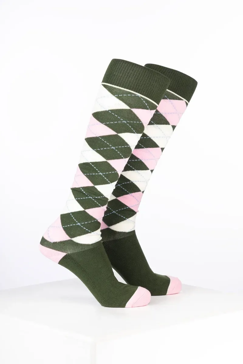 Rydale Womens Bamboo Rich Argyle Riding Socks Pack of Ten - Argyle Dark Olive/Soft Pink/Cream