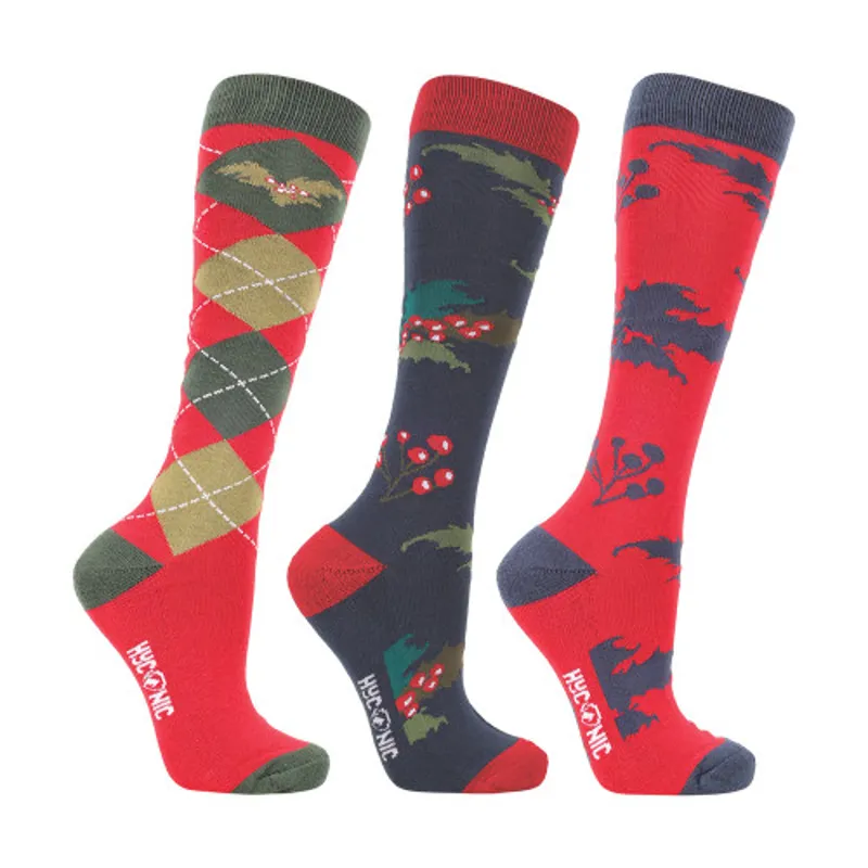 Hy HYCONIC Adult 4-8 Christmas Holly Socks Pack Of 3 - Navy/Red 