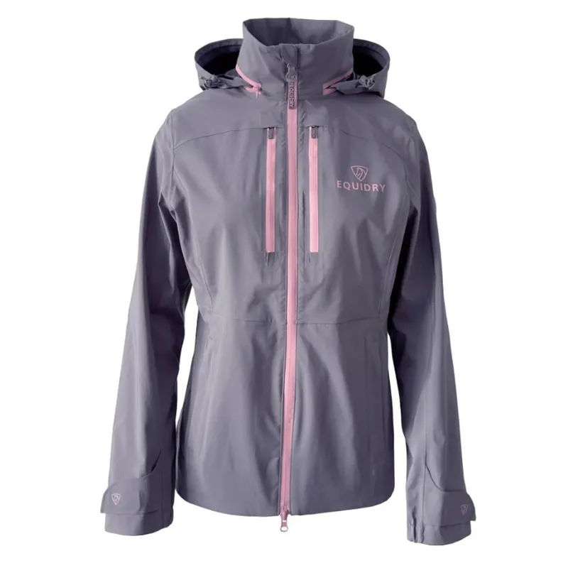 EQUIDRY Varsha Ladies Waterproof Jacket with Stowaway Hood - Grey/Pink