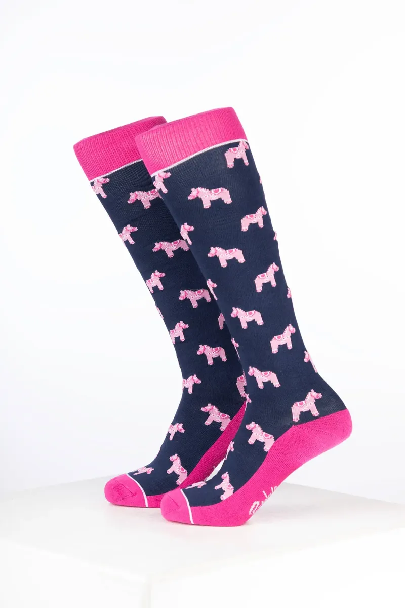 Rydale Womens Bamboo Rich Equestrian Print Riding Socks Pack of Ten - Pony Navy-1