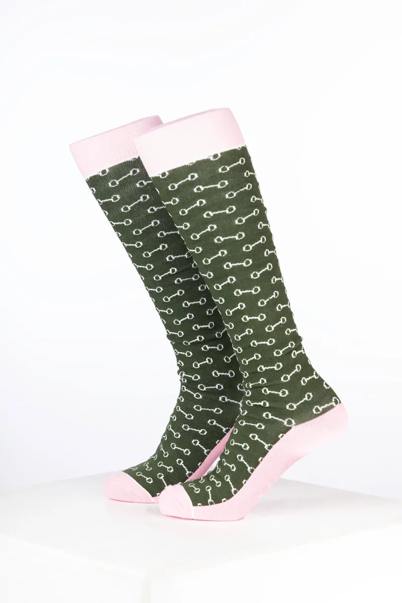 Rydale Womens Bamboo Rich Equestrian Print Riding Socks Pack of Ten - Snaffle Dark Olive-1