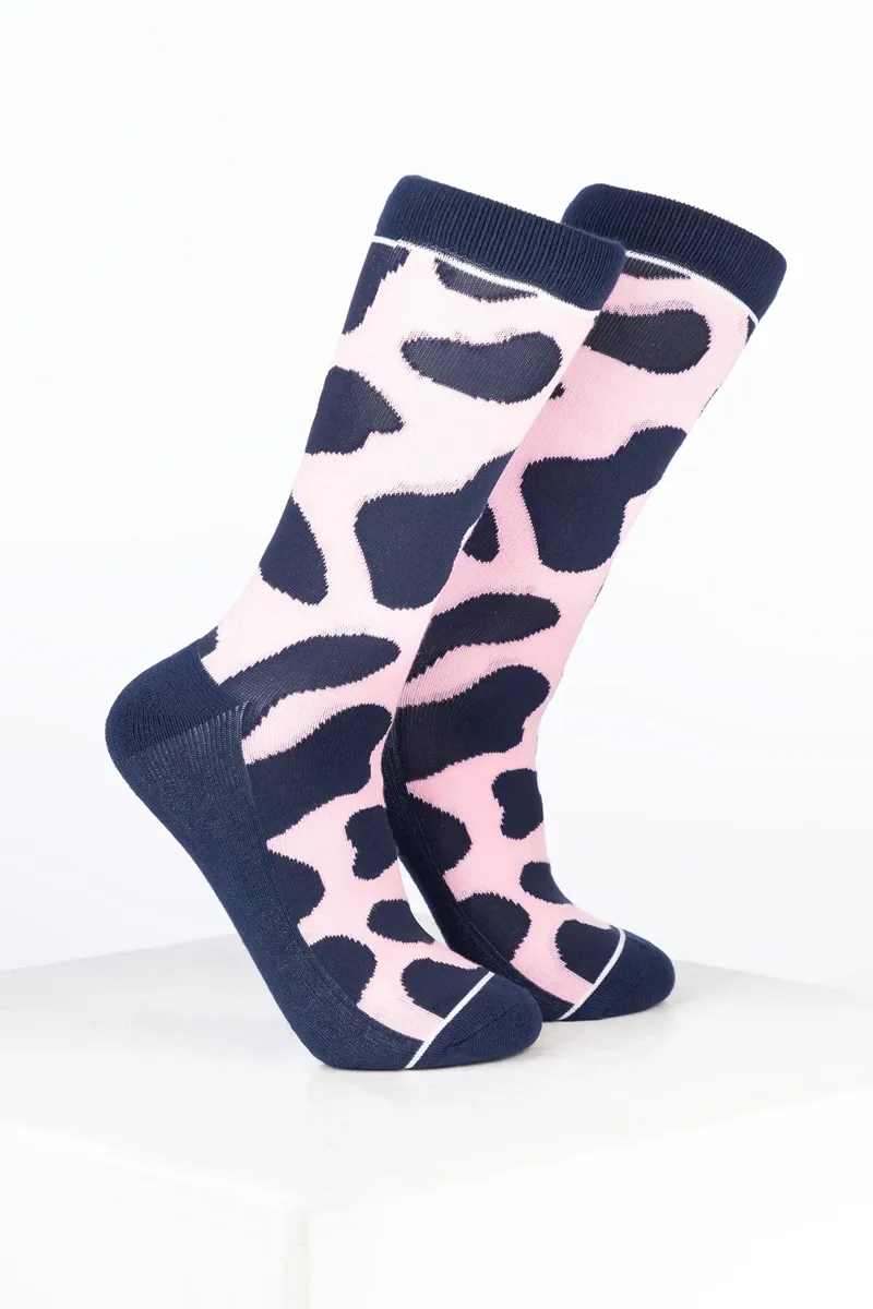 Rydale Womens Bamboo Rich Cow Print Ankle Socks Pack of Ten - Cow Soft Pink/Navy