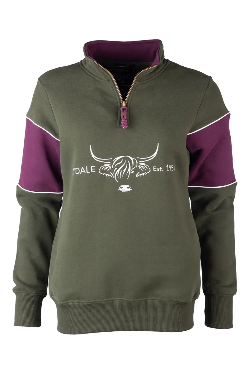 Rydale Ladies Byland Highland Cow Sweatshirt - Olive/Berry