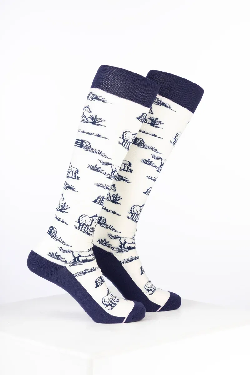 Rydale Womens Bamboo Rich Equestrian Print Riding Socks Pack of Ten- Equestrian Life Cream