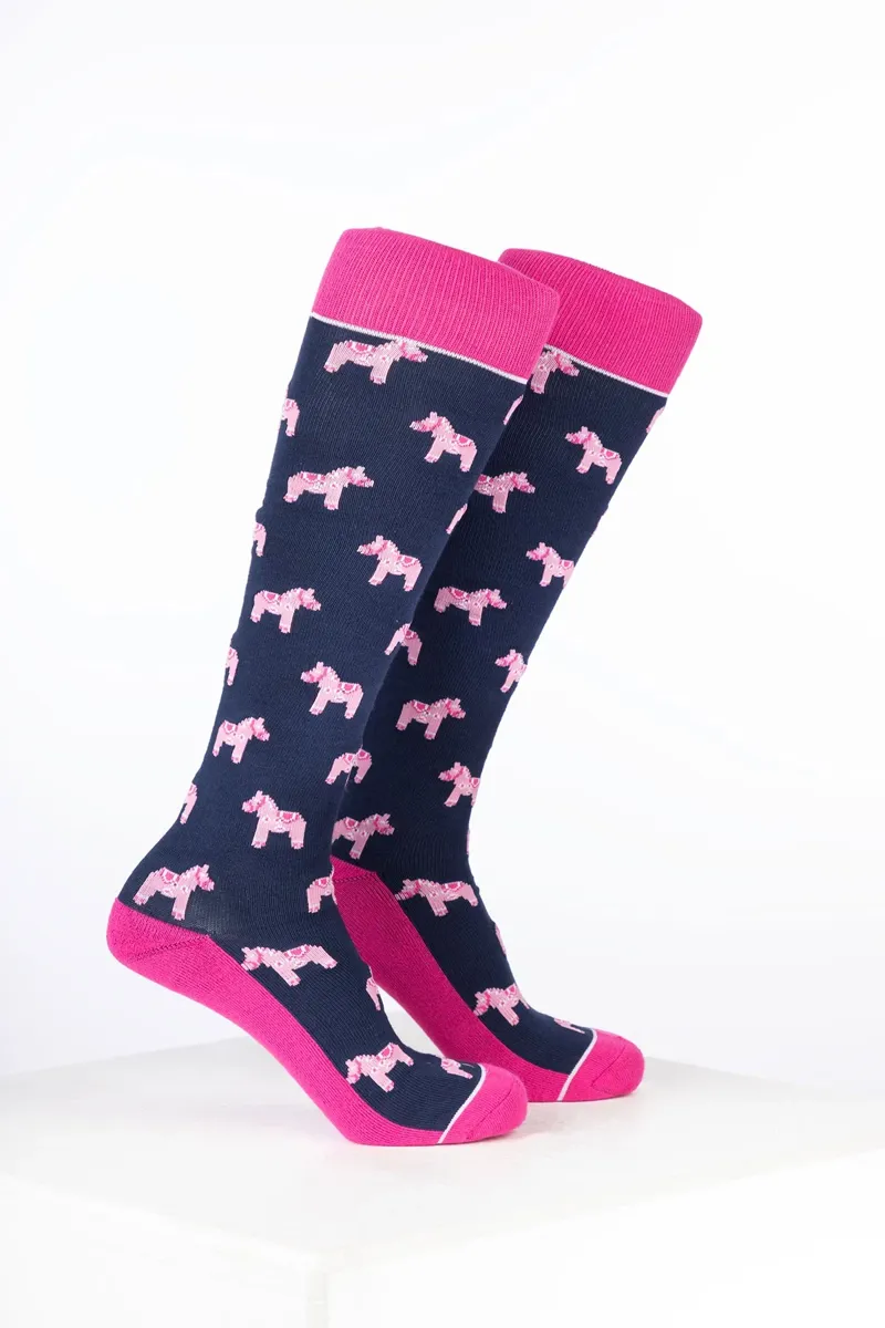 Rydale Womens Bamboo Rich Equestrian Print Riding Socks Pack of Ten - Pony Navy