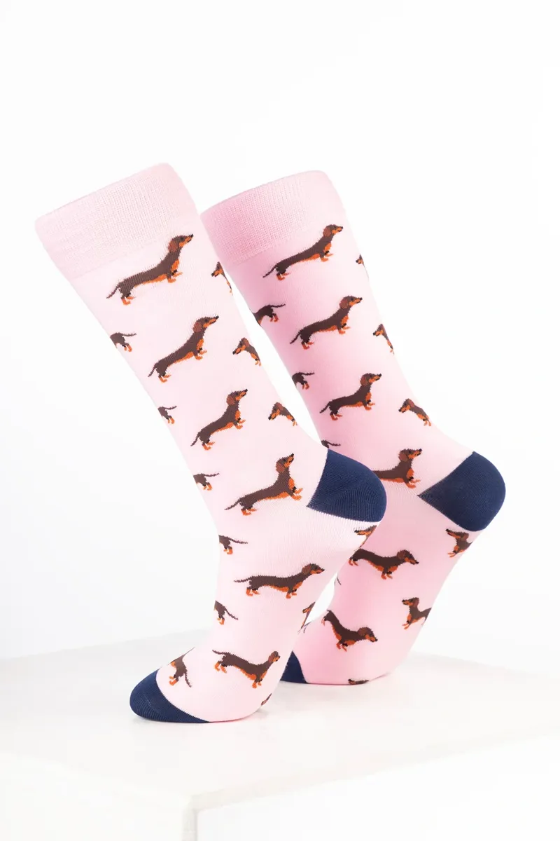 Rydale Women's Bamboo Rich Dog Ankle Socks Pack of 10 - Dachshund Soft Pink-1