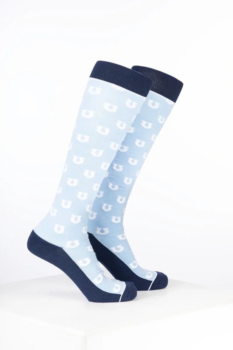 Rydale Womens Bamboo Rich Equestrian Print Riding Socks Pack of Ten - Horseshoe Soft Blue