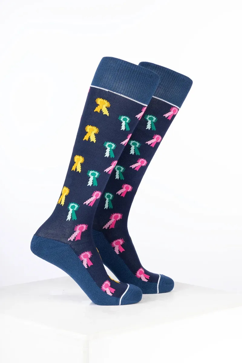 Rydale Junior Bamboo Rich Equestrian Print Riding Socks Pack of Ten - Rosette Navy