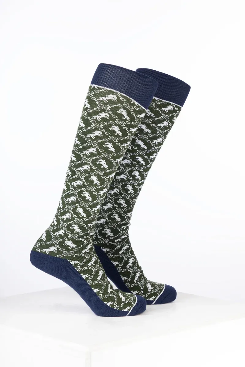 Rydale Womens Bamboo Rich Equestrian Print Riding Socks Pack of Ten - Horse and Snaffle Dark Olive
